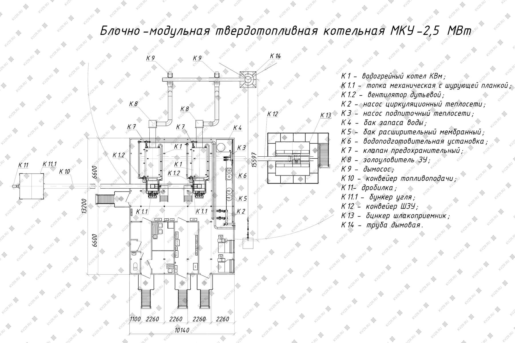 Чертеж модульной котельной 2.2 МВт с 2 котлами без ГВС